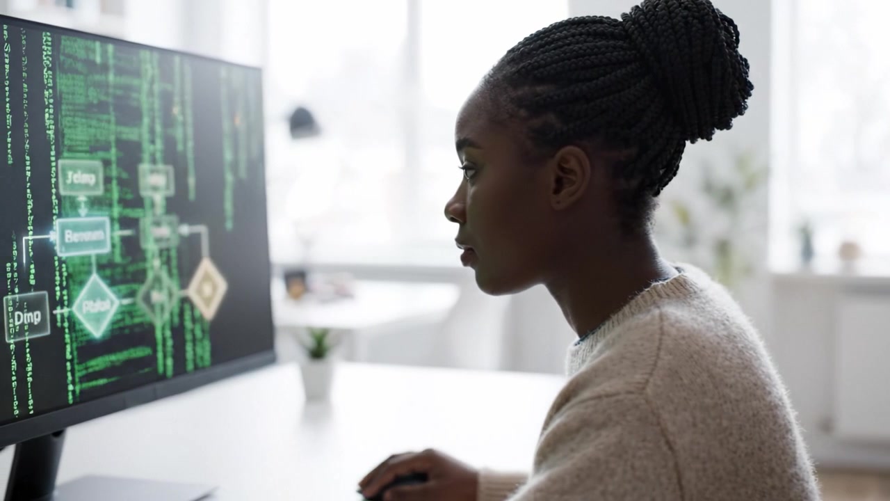 Focused Programmer Analyzing Data Flow and Algorithms on Computer Screen while Working from a Bright, Modern Office Space