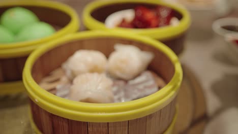 delicious steamed dim sum in a bamboo steamer