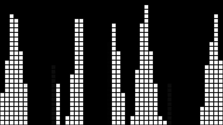 Virtuel equalizer. Lodrette søjler af sorte og hvide firkanter, dynamiske pixelvibrationer til en natklub eller et show