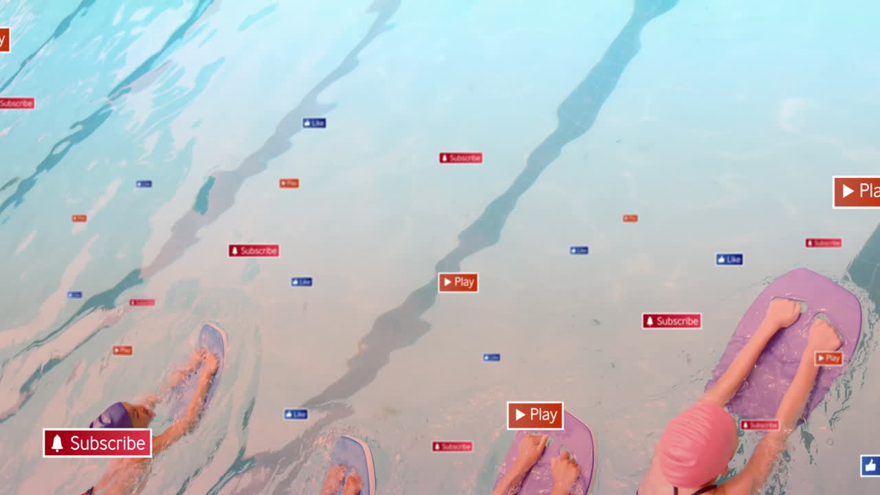 Feet in pool with social media animation floating around water