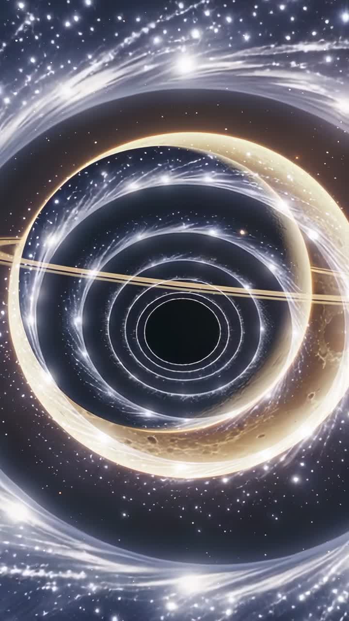 Vertical video: Glowing golden ring rotating slowly in deep space, with rippling arcs and dark void