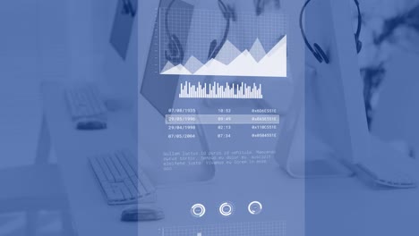 gráficos y gráficos blancos procesando datos en computadoras y auriculares telefónicos en escritorios en oficinas vacías.