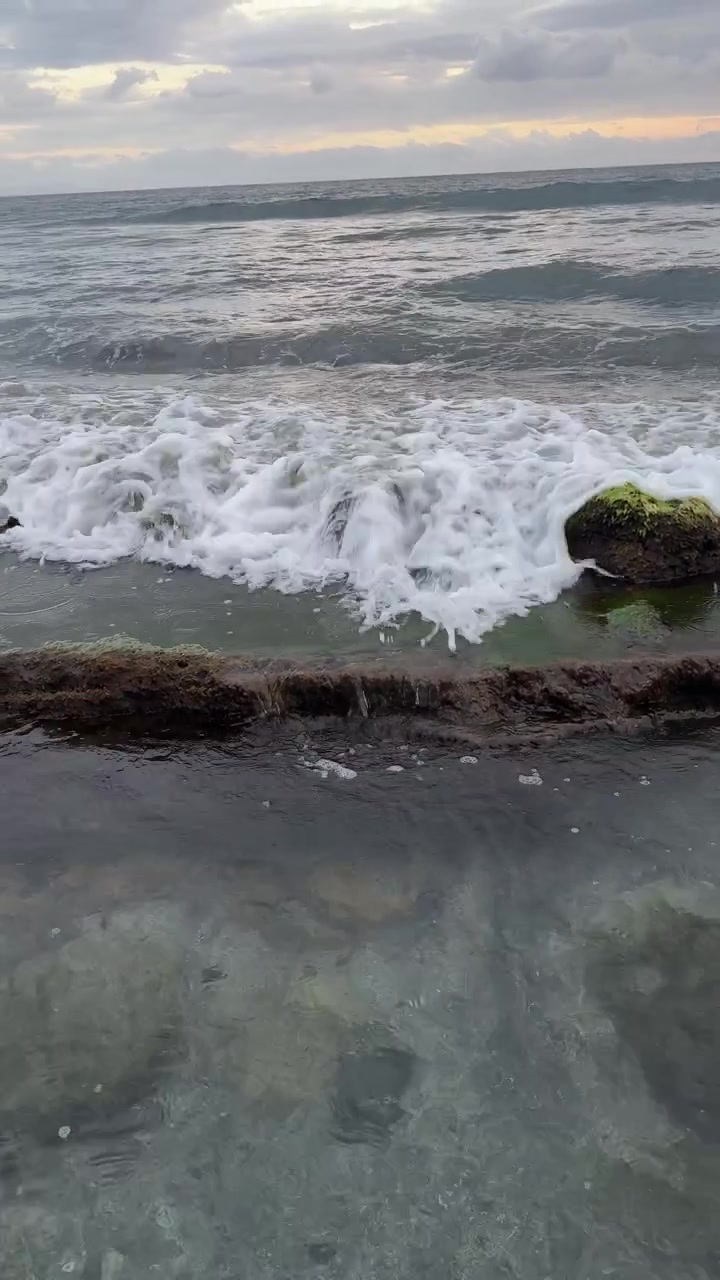 Onde dell'oceano che si infrangono e scorrono su rocce muschiose al tramonto