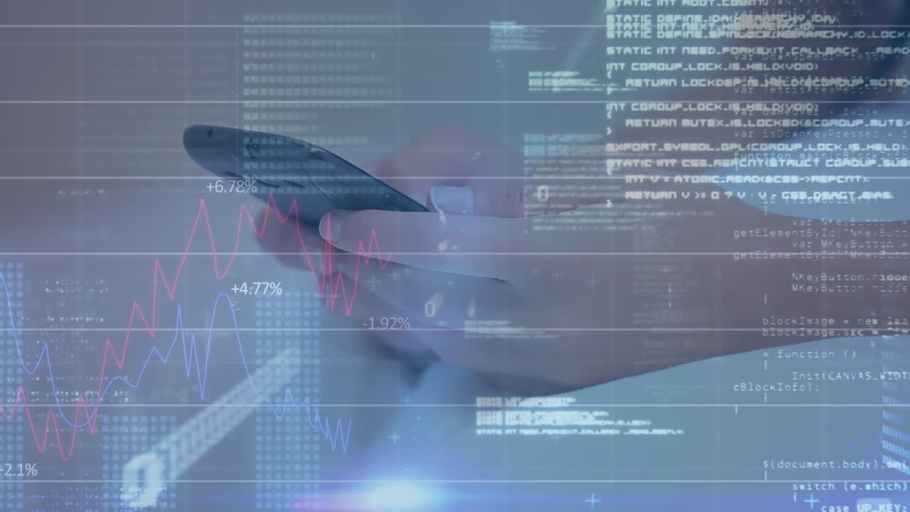 Animation of financial data processing over caucasian woman using smartphone