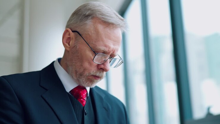 Portræt af en ældre forretningsmand ved vinduet. Moden mand med briller og i jakkesæt kigger ned, mens han arbejder på kontoret. Forretningskoncept.
