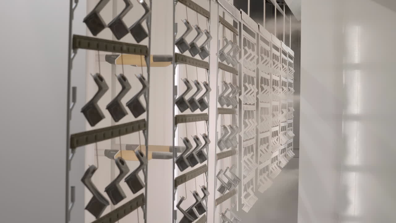 Filmato ravvicinato di parti metalliche sottoposte al processo di verniciatura a polvere in una fabbrica industriale. Sospesi su sistemi di trasporto, i prodotti vengono spruzzati con polvere vibrante, evidenziando l'automatizzazione.