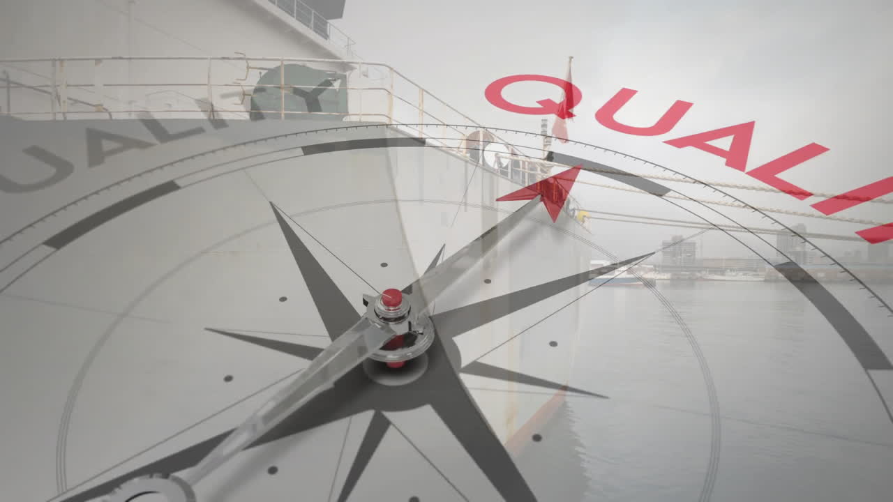 조선소 위의 품질 텍스트와 함께 나침반의 애니메이션