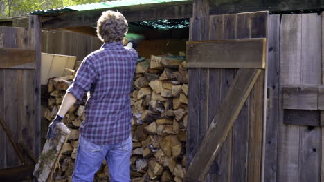 man picks up logs from pile and sets it on a stack