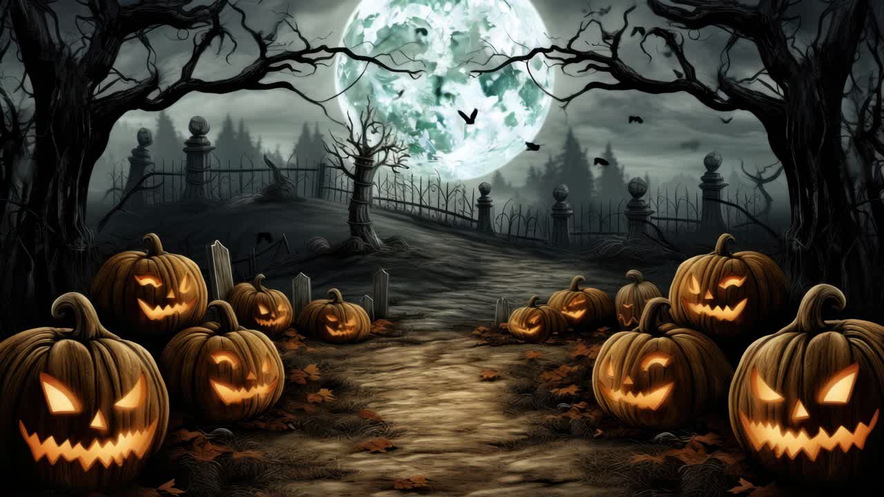 Eerie Halloween scene with carved pumpkins lining a path under a full moon