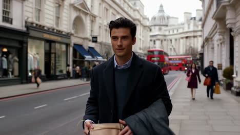 elegant man walking on a london city street with red buses and shops