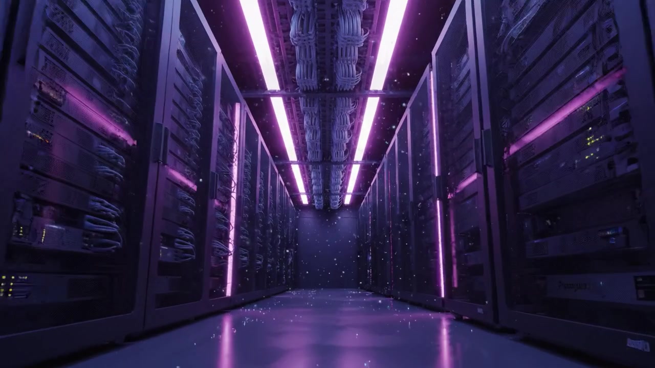 Et fængslende indblik i et futuristisk datacenter, der viser oplyste serverracks og en strømlinet korridor fyldt med avanceret teknologi.