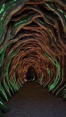enchanting glowing green tree root tunnel