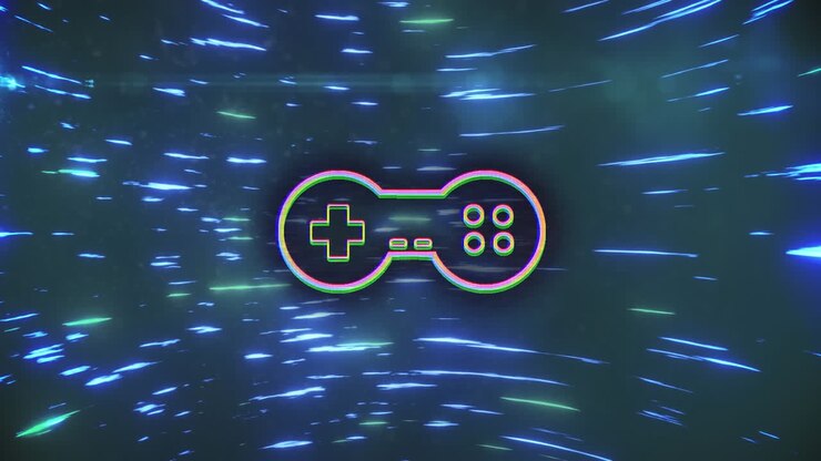 Animation of video game controller over blue glowing light trails background