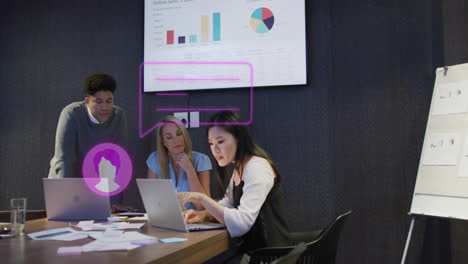 analyzing data, business team using laptop with charts and animation in background