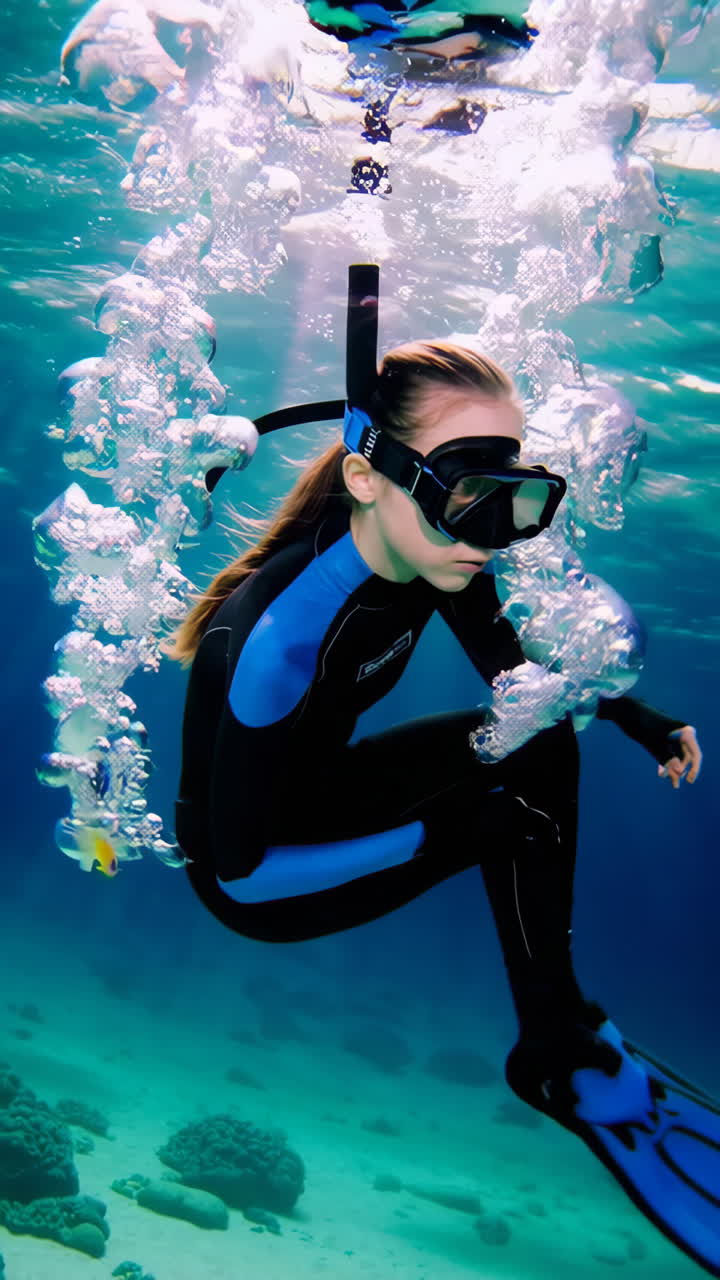 Young Person Snorkeling Underwater Amidst Bubbles and Fish