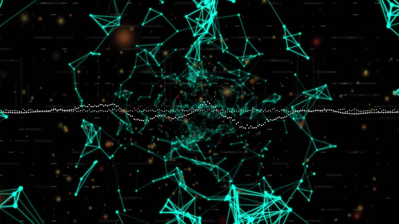 Animation of data processing and network of connections over black background