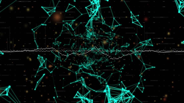 Animation of data processing and network of connections over black background