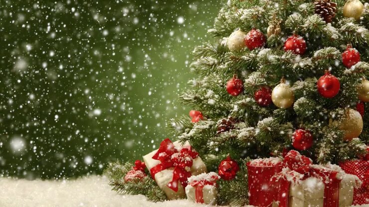 A Beautiful Christmas Scene with a Decorated Tree, Sparkling Ornaments, and Snowy Surroundings, Creating a Festive and Cozy Atmosphere for the Holiday Season