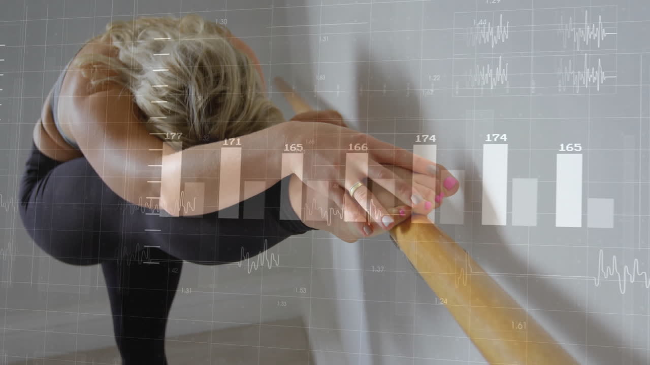 Stretching on barre, woman with animation of data visualization graphs and numbers