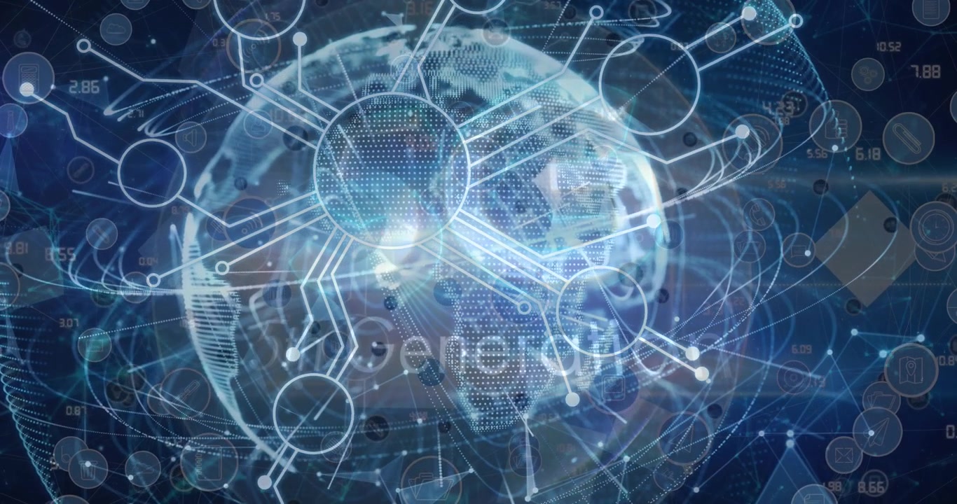 5g text and network of digital icons over a globe against blue background
