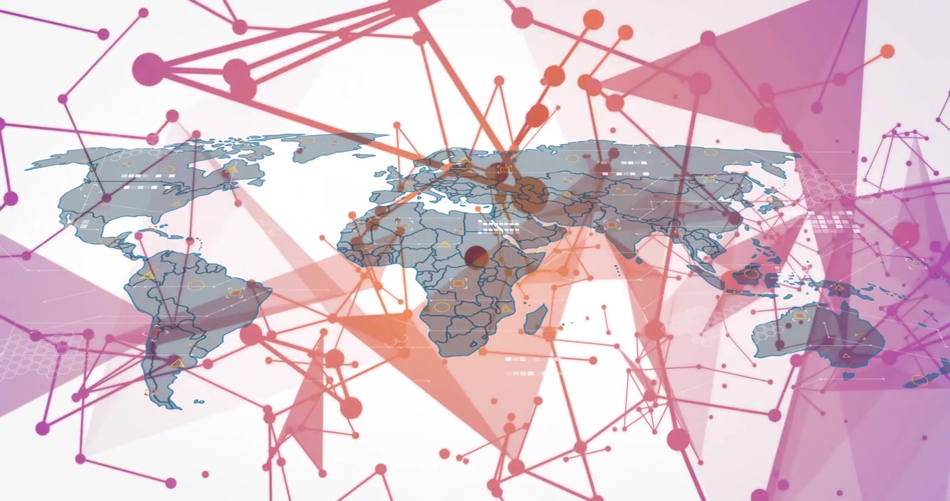 Overlaying network connections, abstract geometric shapes on world map animation