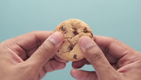 hands holding a broken chocolate chip cookie