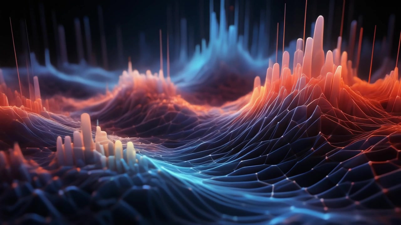 Abstract Digital Data Landscape with Glowing Waves and Peaks