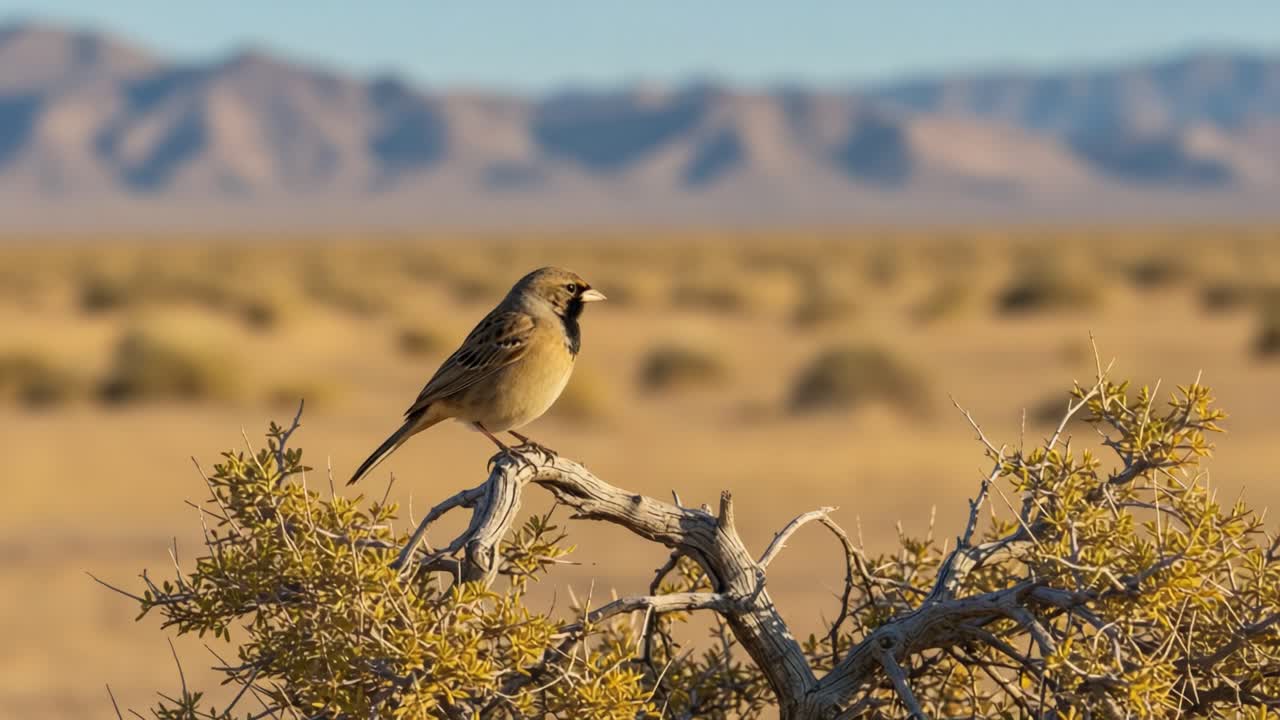 A solitary bird perched on a branch in a vast desert landscape, showcasing the beauty of wildlife in arid habitats and the intricate details of its plumage against a serene backdrop