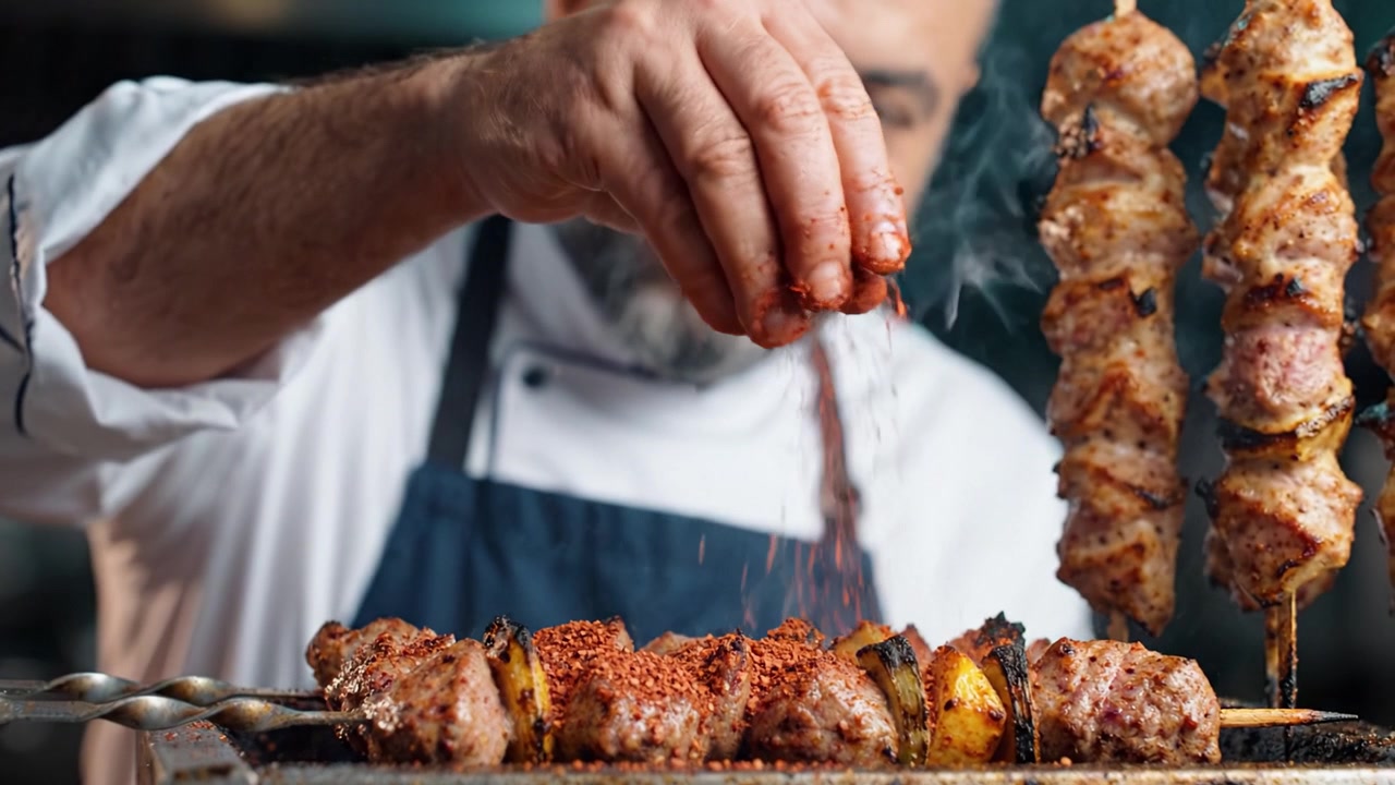 Chef esperto prepara abilmente deliziosi spiedini alla griglia con spezie e ingredienti freschi, mettendo in mostra tecniche culinarie e passione per la cucina al barbecue.