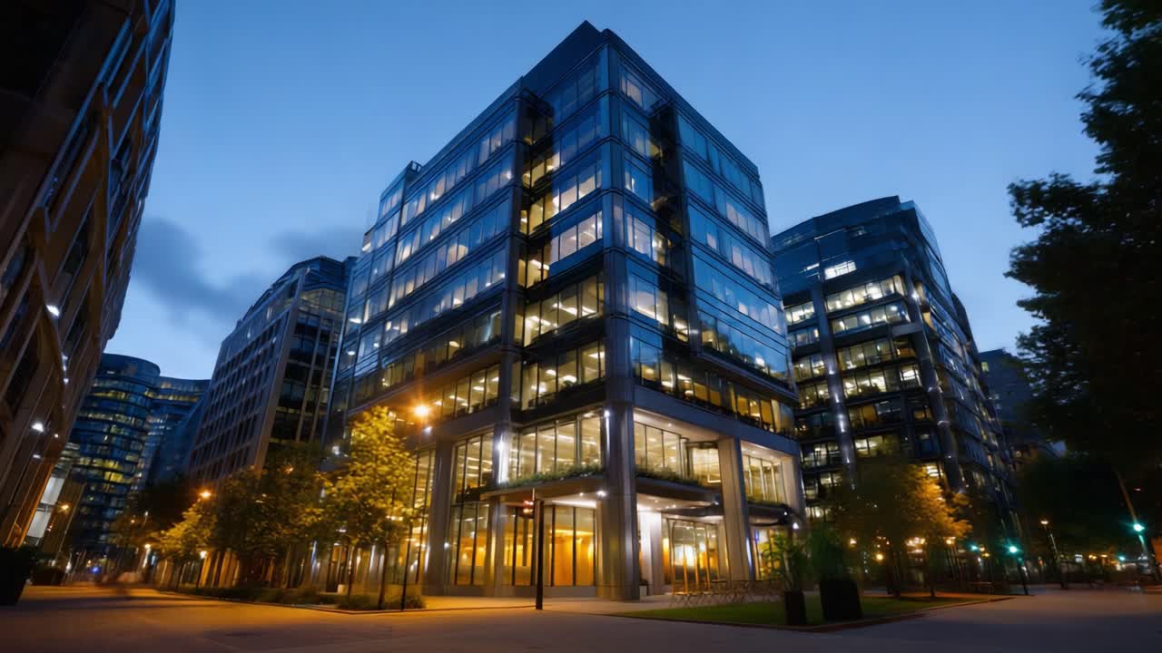 Moderno edificio de oficinas urbano iluminado de noche con reflejos que muestran un paisaje urbano vibrante y elegancia arquitectónica en un entorno pintoresco