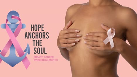 animation of pink ribbon anchor logo with breast cancer text over women covering the breast