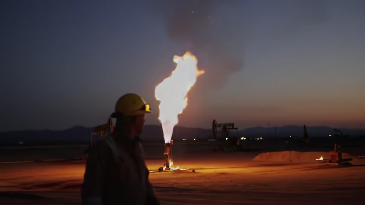 Flame Erupts Behind Oil Worker at Sunset in Remote Drilling Site
