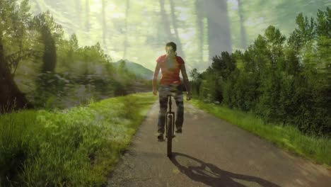 woman riding a unicycle on a forest trail