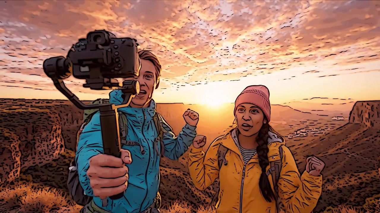 Avventurieri gioiosi catturano ricordi al tramonto con una fotocamera su treppiede, sorridendo mentre abbracciano la bellezza della natura e condividono un momento divertente insieme all'aperto.