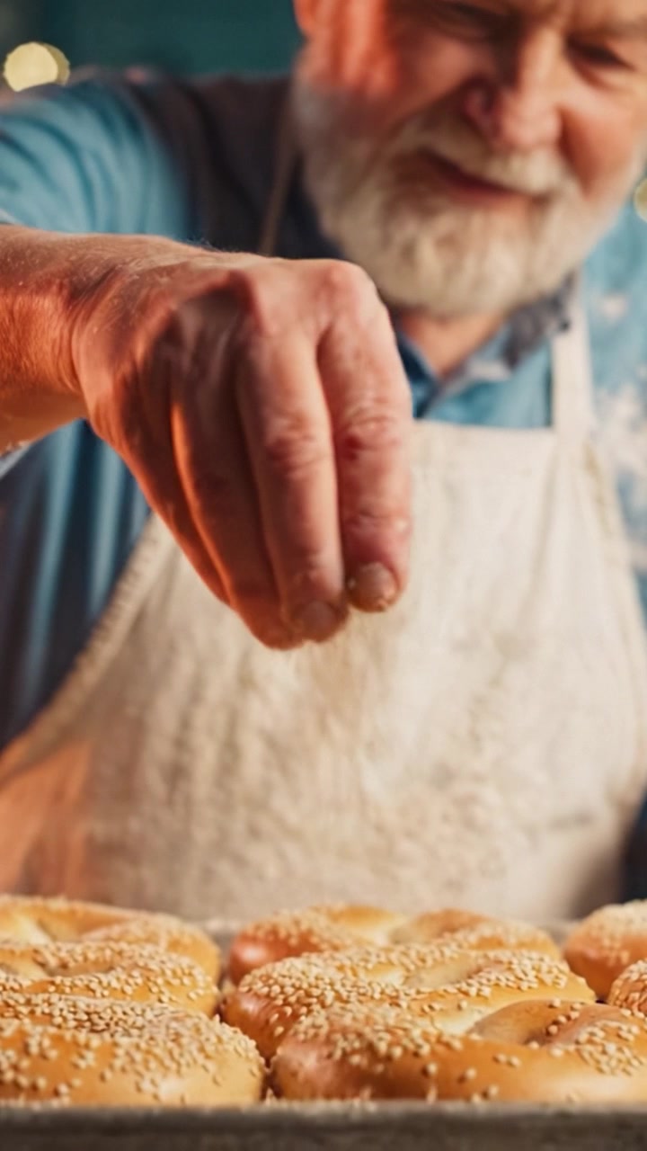 Joyful Elderly Baker Sprinkling Toppings on Golden, Freshly Baked Breads with Flour-Dusted Hands, Radiating Happiness in a Warm, Cozy Kitchen Setting