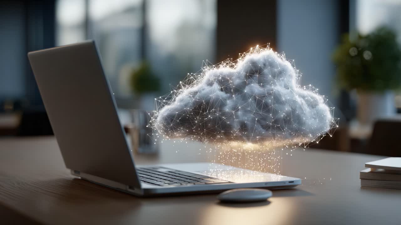 Visual Representation of Cloud Technology Emanating from a Laptop, Highlighting Digital Connectivity and Modern Computing Innovations in a Workspace Environment