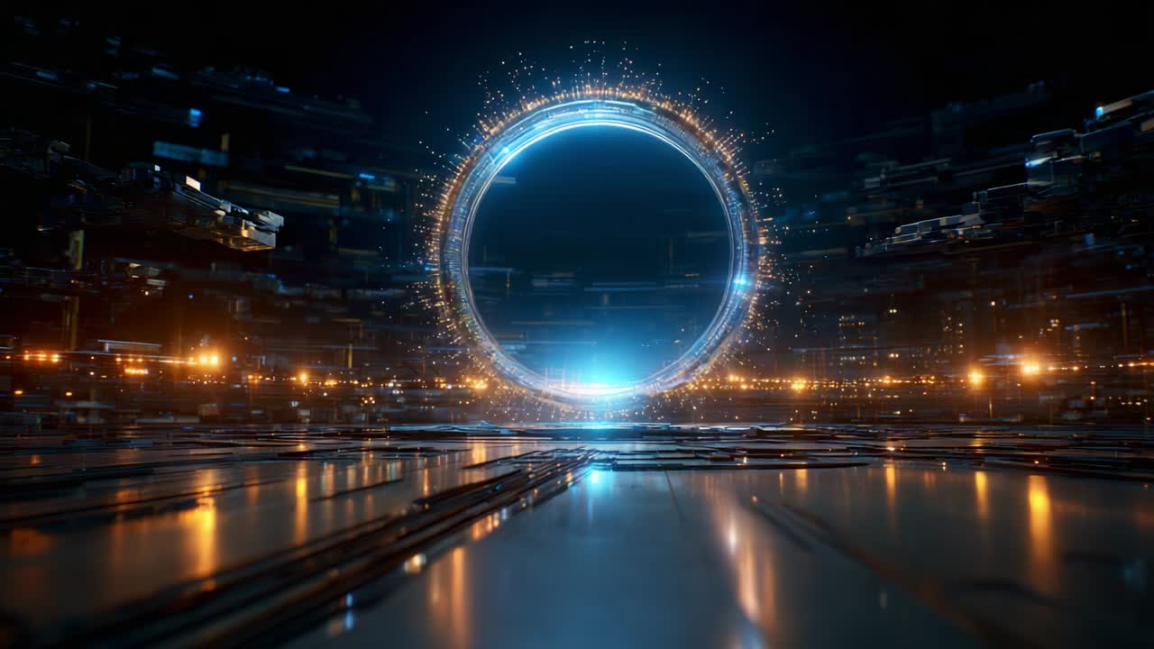 A spectacular swirling portal of light, surrounded by a network of glowing circuits, represents a futuristic gateway to another dimension or realm, evoking a sense of mystery and exploration in a digital landscape