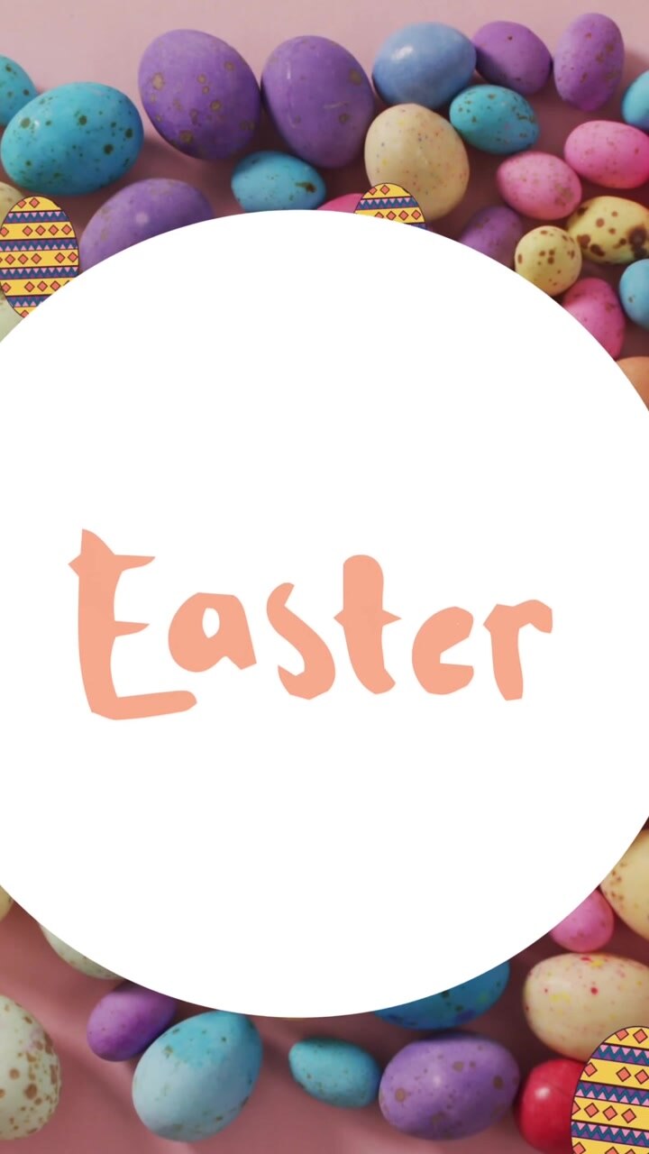 Animation of easter in circle over easter eggs on pale pink background