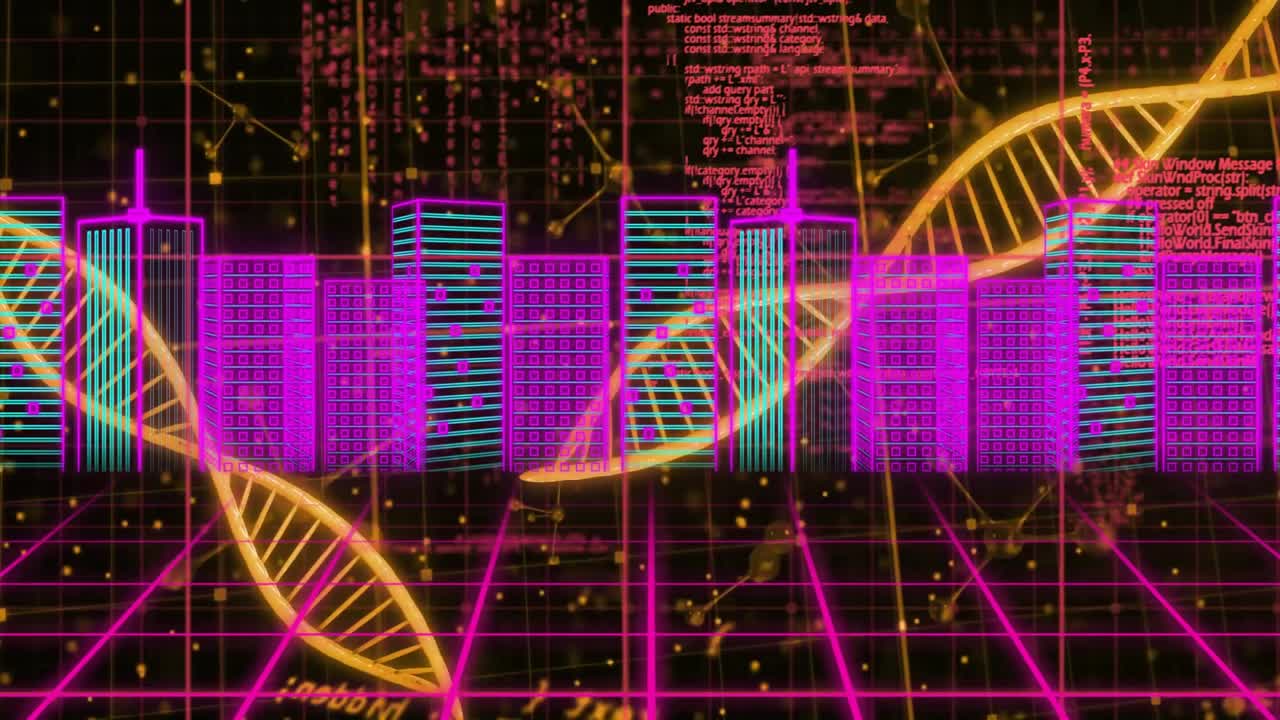 Glowing DNA helix emerging from right, rotating over grid, code text stacking showing data flow