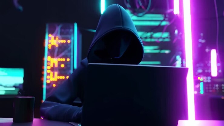 Un hacker in una stanza buia con luci al neon, ripreso da un'angolazione frontale, creando un'atmosfera da video cyber.