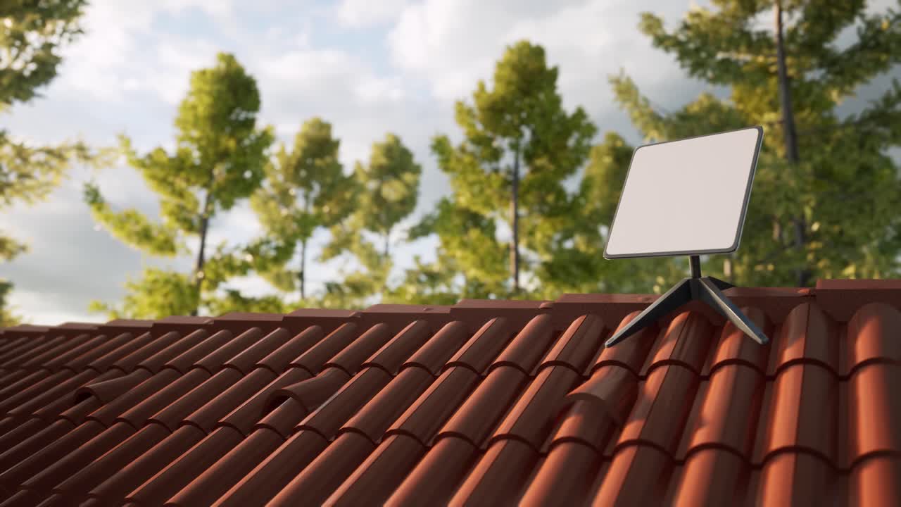 un tiro de animación en 3d de una antena receptora de internet por satélite en una valla de una casa rural.
