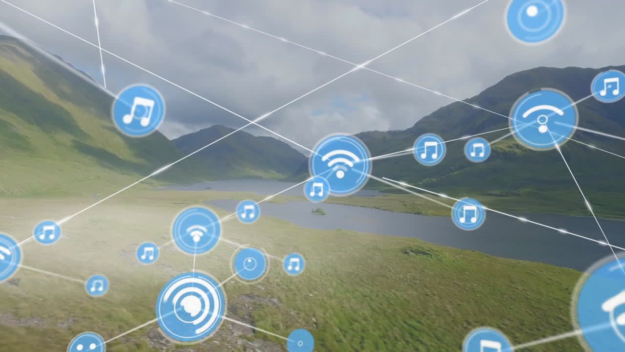 구름이 가득한 하늘을 배경으로 산 사이에 있는 호수 위에서 연결된 아이콘의 애니메이션