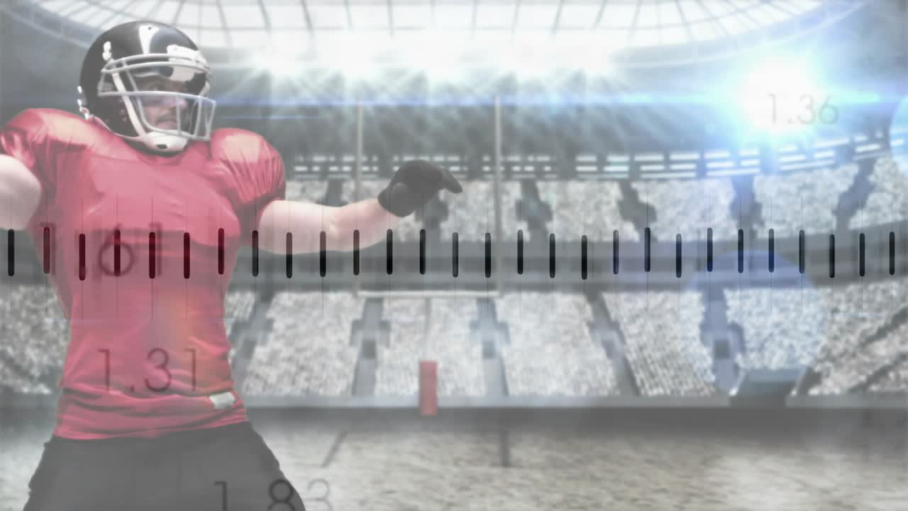 Quarterback che si prepara a lanciare nella tecnologia sportiva con sovrapposizione di forma d'onda, difensore che carica e blocca il passaggio.