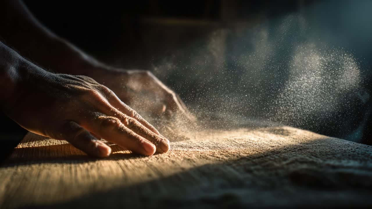 Close-Up of Hands Shaping Wood in Artisan Craftsmanship, Dust Particles Illuminated by Soft Light, Highlighting the Detail and Precision in the Art of Woodworking and Handcrafted Projects