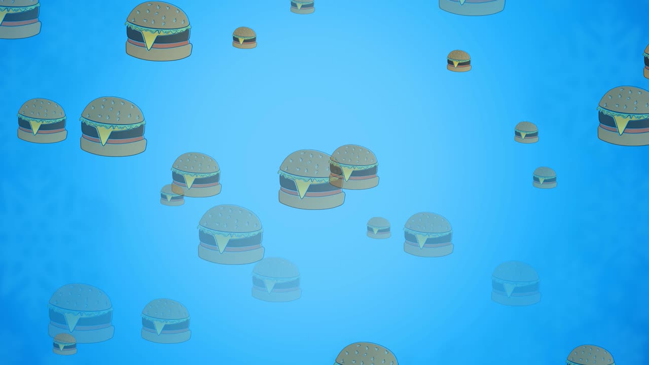 Animation of multiple cheeseburgers floating on blue background