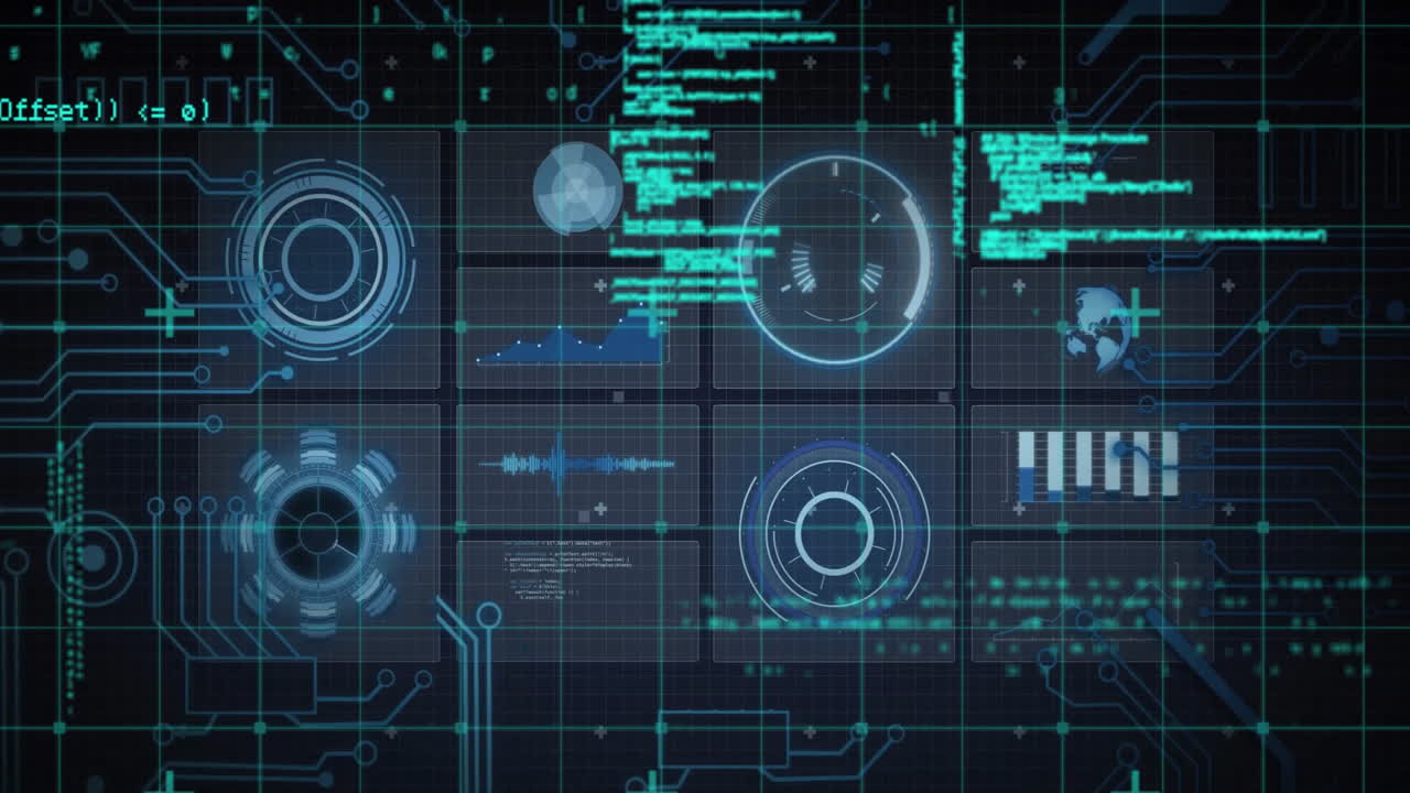 Displaying animation of futuristic digital interface with data charts in school