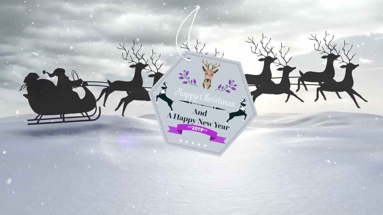 Animation of gift tag with season's greetings over santa claus in sleigh over winter landscape