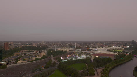 Big-reveal-of-Southbank,-Melbourne,-Australia-looking-from-the-south-east-to-show-the-arts-prescient-in-it's-entirety