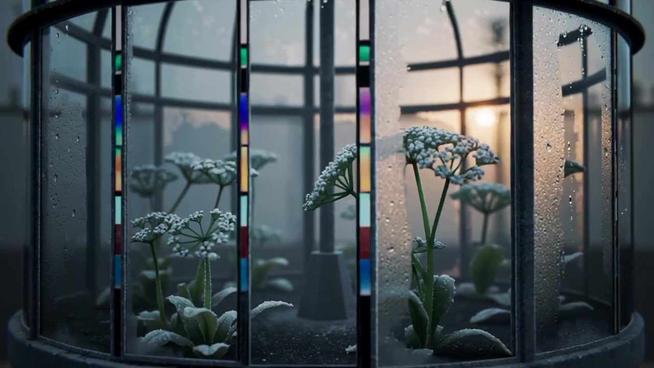 Panning camera showing glass terrarium at misty window, sun backlighting stems, droplets beading