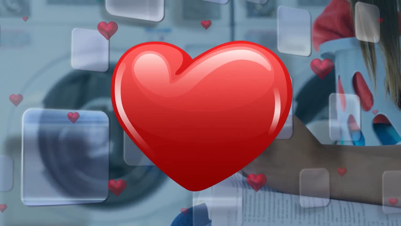 animación de iconos de corazones sobre una mujer caucásica usando un teléfono inteligente